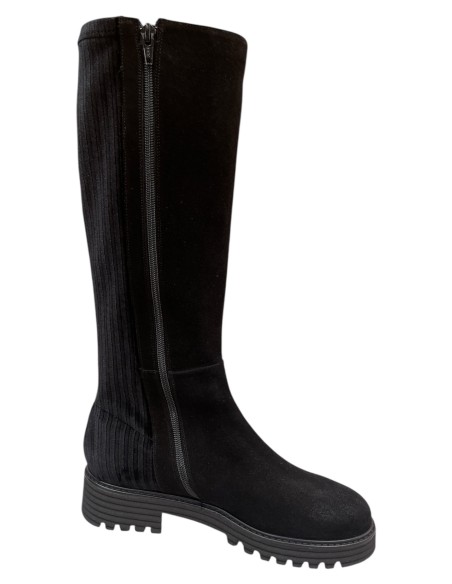 Stivale donna in camoscio nero e velluto rigato elasticizzato con fondo carroarmato | Bettin Calzature