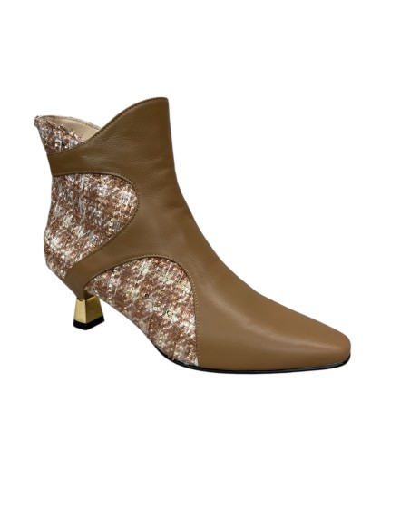 Stivaletto donna tessuto e pelle noisette con tacco oro | Bettin Calzature