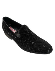 Scarpa uomo senza lacci in camoscio e strass neri | Fondo rosso | Made in Italy