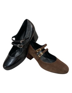 Mary Jane Donna in Camoscio Marrone e Naplac Nero – Doppio Cinturino, Tacco 5 cm, Made in Italy | Bettin Calzature