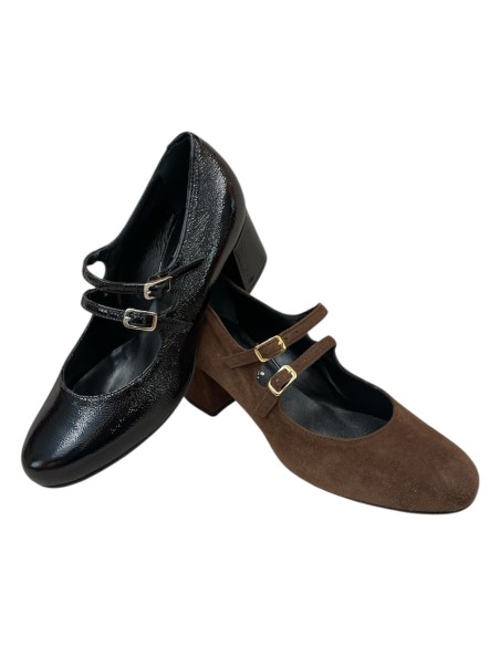 Mary Jane Donna in Camoscio Marrone e Naplac Nero – Doppio Cinturino, Tacco 5 cm, Made in Italy | Bettin Calzature