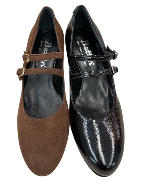 Mary Jane Donna in Camoscio Marrone e Naplac Nero – Doppio Cinturino, Tacco 5 cm, Made in Italy | Bettin Calzature