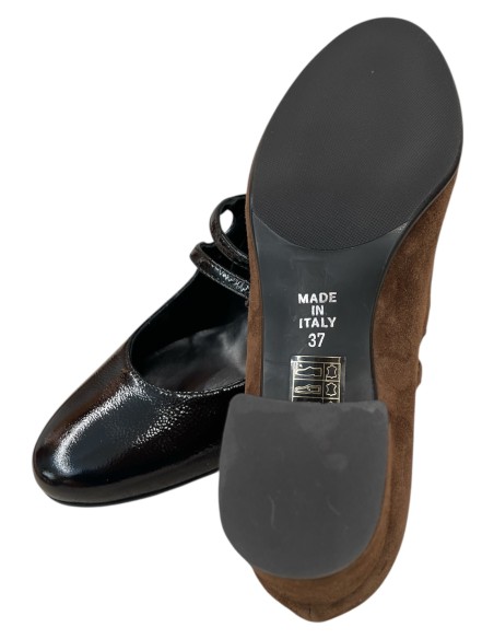 Mary Jane Donna in Camoscio Marrone e Naplac Nero – Doppio Cinturino, Tacco 5 cm, Made in Italy | Bettin Calzature