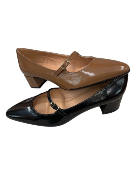 Mary Jane Donna in Naplac Nero o Ghianda – Punta Affusolata, Tacco 4 cm, Cinturino con Fibietta | Bettin Calzature