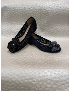 Ballerina Donna in Pizzo Nero o Blu con Fiore di Perline – Fondo Cuoio – Bettin Calzature