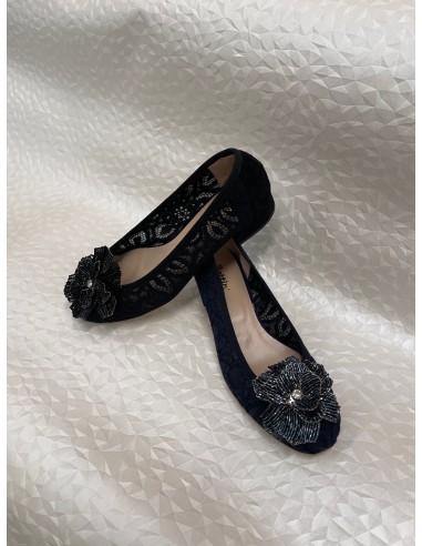 Ballerina Donna in Pizzo Nero o Blu con Fiore di Perline – Fondo Cuoio – Bettin Calzature