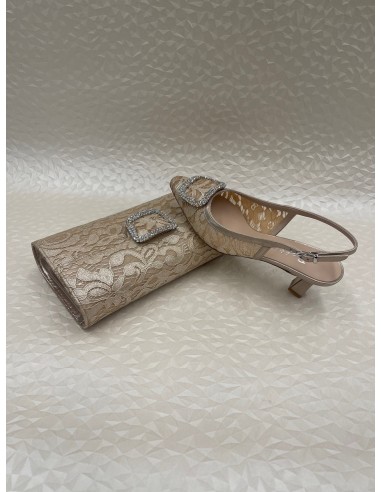 Coordinato Cerimonia Donna Pizzo Beige Perlato – Slingback e Pochette – Bettin Calzature