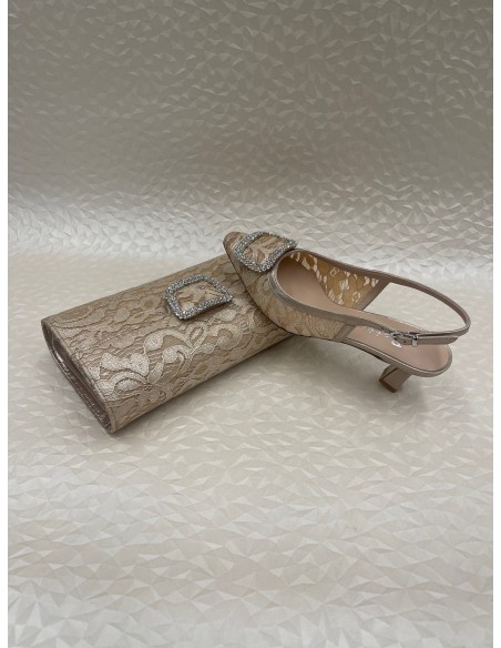 Coordinato Cerimonia Donna Pizzo Beige Perlato – Slingback e Pochette – Bettin Calzature
