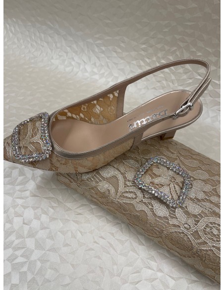 Coordinato Cerimonia Donna Pizzo Beige Perlato – Slingback e Pochette – Bettin Calzature