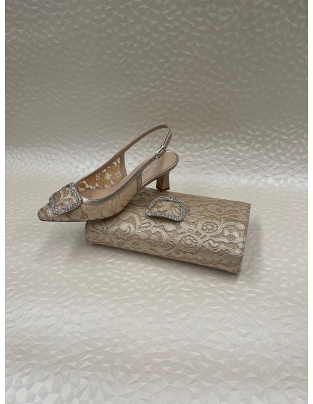 Coordinato Cerimonia Donna Pizzo Beige Perlato – Slingback e Pochette – Bettin Calzature