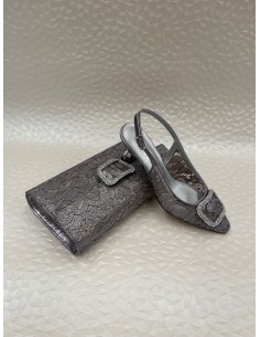 Coordinato Cerimonia Donna Pizzo Piombo con Tacco Argento – Slingback e Pochette – Bettin Calzature