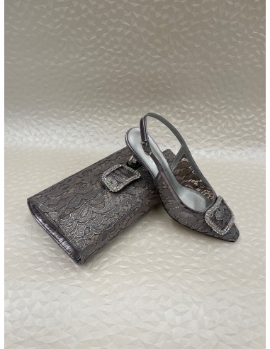 Coordinato Cerimonia Donna Pizzo Piombo con Tacco Argento – Slingback e Pochette – Bettin Calzature