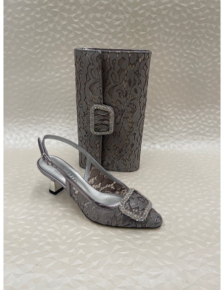 Coordinato Cerimonia Donna Pizzo Piombo con Tacco Argento – Slingback e Pochette – Bettin Calzature