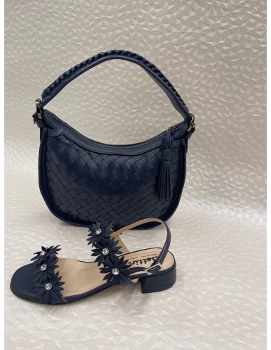 Coordinato Donna Sandalo Blu con Strass e Borsa Intrecciata – Bettin Calzature