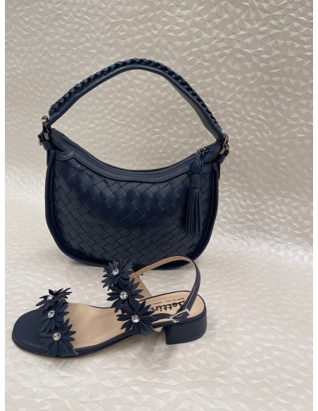 Coordinato Donna Sandalo Blu con Strass e Borsa Intrecciata – Bettin Calzature
