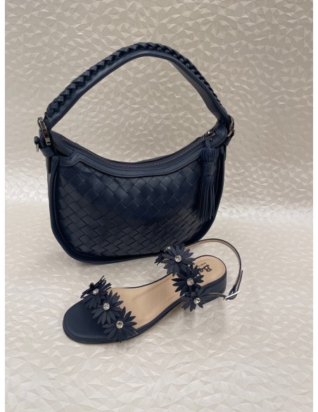 Coordinato Donna Sandalo Blu con Strass e Borsa Intrecciata – Bettin Calzature