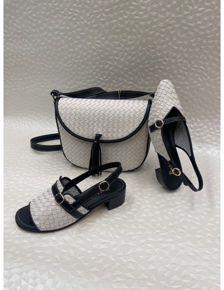 Coordinato Donna Nappa Intrecciata Avorio e Nero – Borsa, Sandalo o Slingback – Bettin Calzature