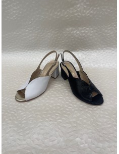 Sandalo Donna in Pelle con Tacco 5 cm Largo – Nappa Bianca e Camoscio Stampato Nero – Bettin Calzature