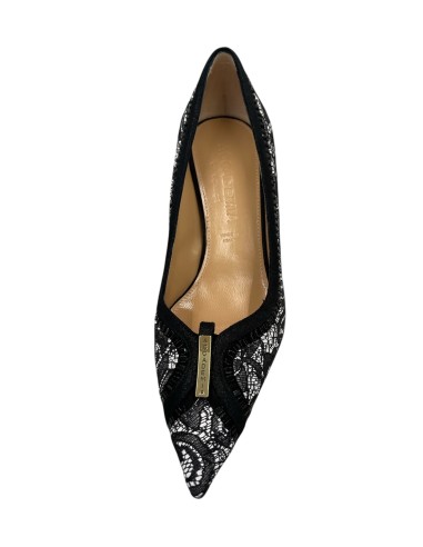 Décolleté camoscio nero e pelle pizzo con strass 7 cm | Bettin Calzature