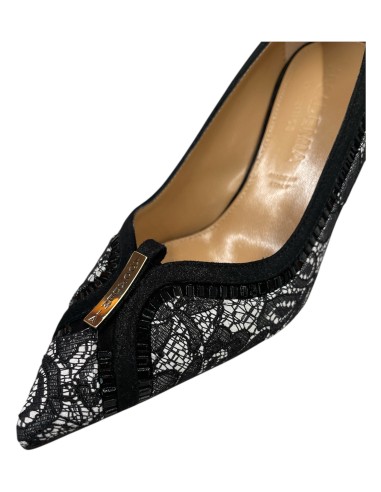 Décolleté camoscio nero e pelle pizzo con strass 7 cm | Bettin Calzature