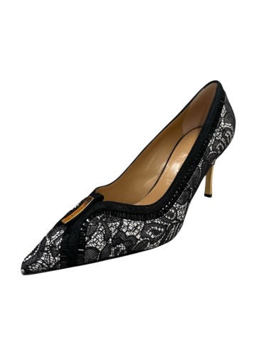 Décolleté camoscio nero e pelle pizzo con strass 7 cm | Bettin Calzature