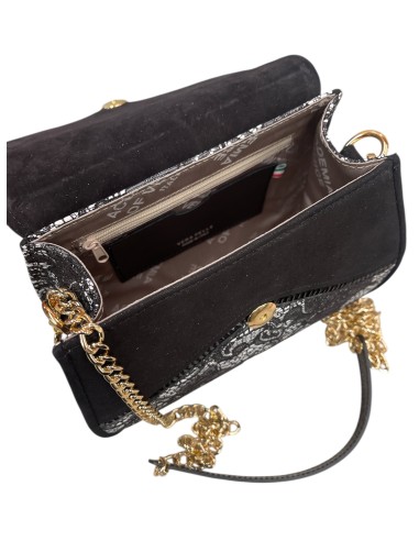 Borsa camoscio nero e pelle pizzo con strass e catena oro | Bettin Calzature